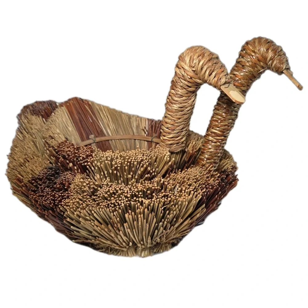 Wicker Straw Duck Swan Basket Set Brown Woven Nesting Grandma core Cottagecore